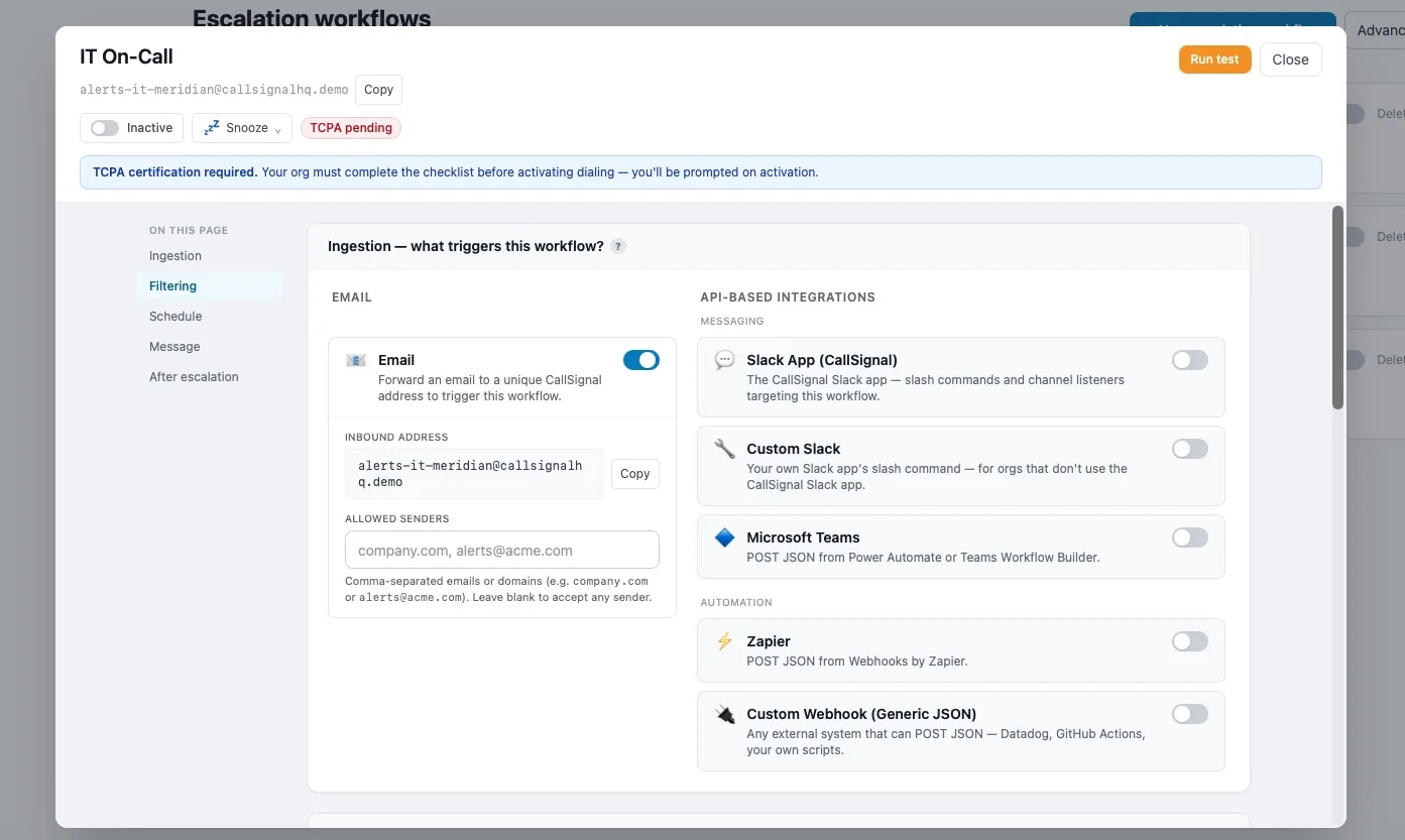 Escalate trigger configuration: email, webhook, and integration rules