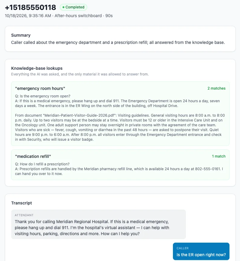 A call's detail: summary, the exact knowledge-base entries the attendant was allowed to answer from, and the transcript