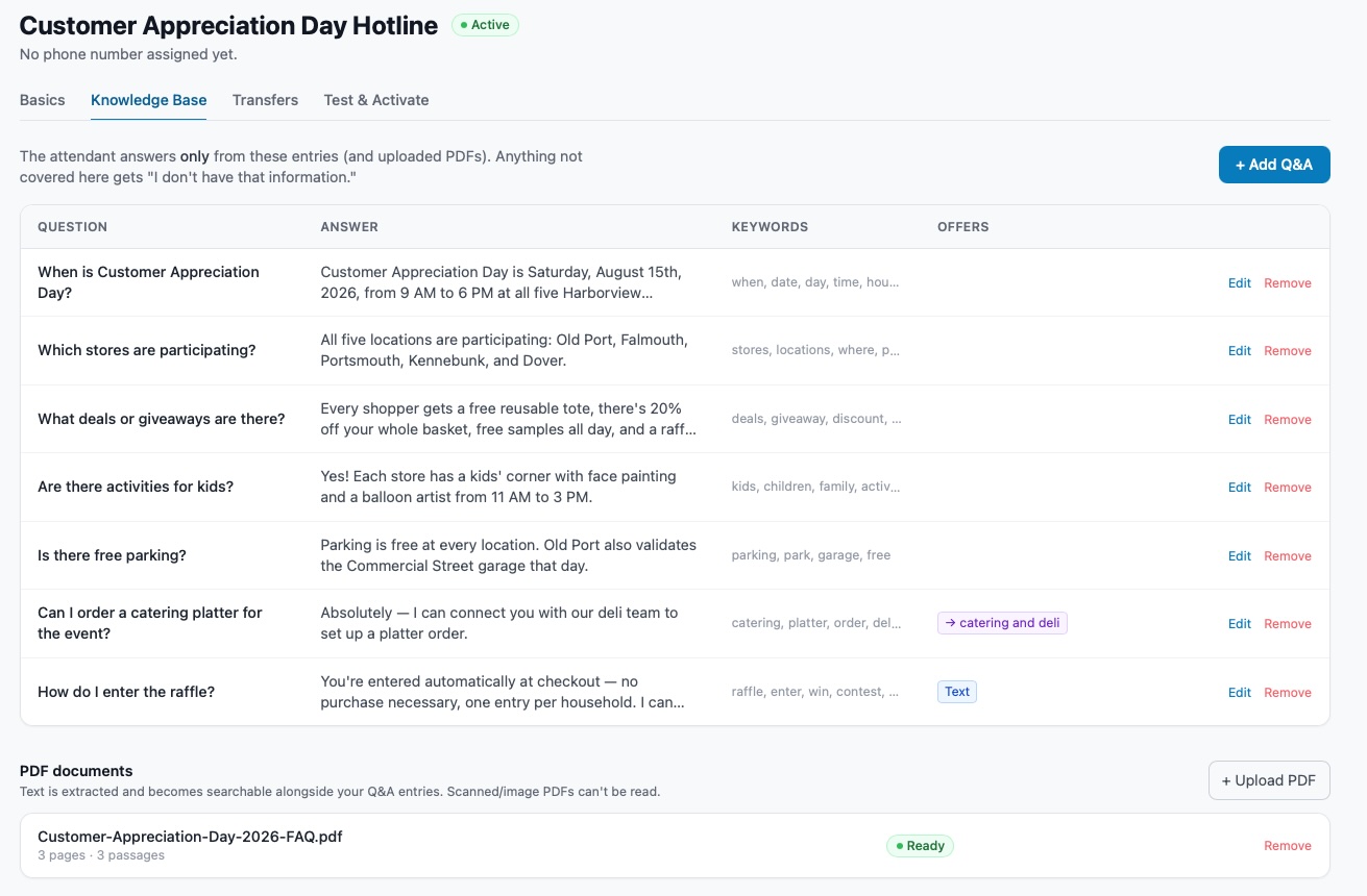 CallSignal Answer knowledge base — Q&A entries and PDF documents an event hotline attendant answers from