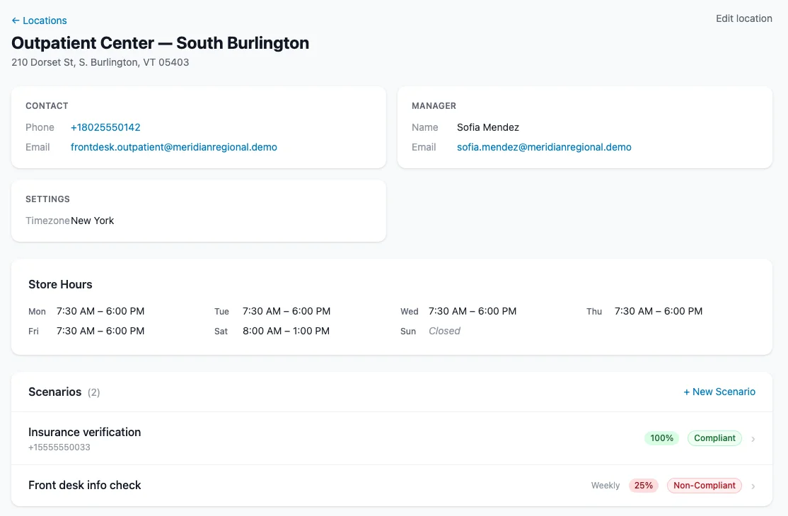 A location's detail page: contact, hours, and its scenarios with score and compliance status