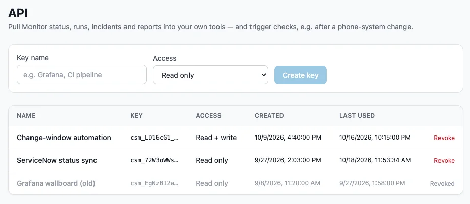Enterprise API keys: read-only or read-and-write access for pulling status and reports or triggering checks from your own tools